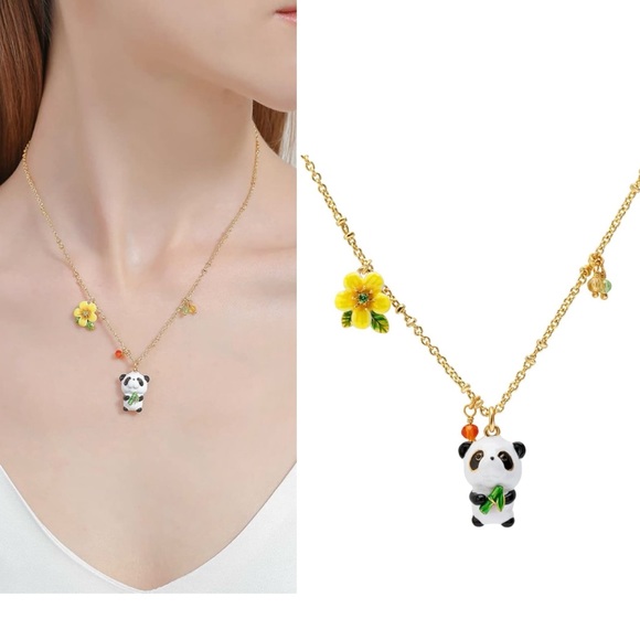 Juicy Grape Panda With Bamboo And Flower Enamel Charm Necklace - Picture 3 of 6
